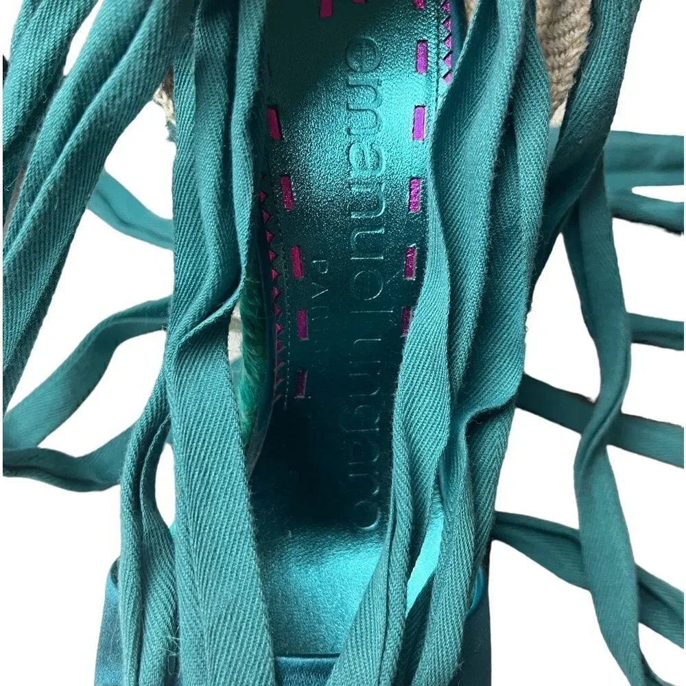 NWOT Emanuel Ungaro FAB Wedge Espadrilles in Teal Silk w/Sexy Lace-Up Design 8